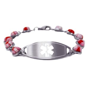 Personalized Medical ID Bracelet for Women With Free Engraving 316L Stainless Steel, Pink Glass Hearts, White alert Symbol | USA - i1C-YR5