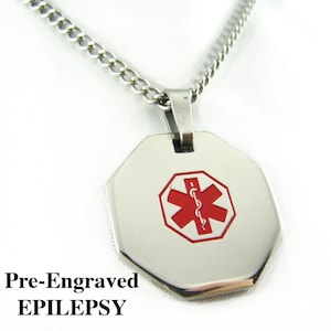 Pre-Engraved EPILEPSY Medical Alert Necklace, Stainless Steel, P1