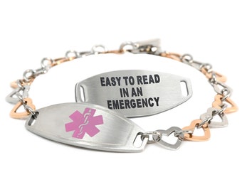 Custom Medical Alert Bracelet Women with Free Engraving 316L Stainless Steel, Pink ID, Rose Gold & Silver Heart | Made in USA - i1C-B12