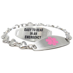 Personalized Pink Medical ID Bracelet for Women With Free Engraving 316L Stainless Steel, Heart Chain | Custom Sized - i1C-BS6