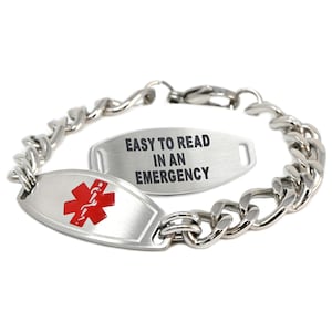 Custom Medical bracelets for Men with Free Engraving 316L Stainless Steel, Red ID, Thick Chain | Made in USA - i1C-BS3