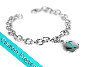 Teal Awareness Charm Bracelet, Engraved, Stainless Steel O-Links - R1T-BS2
