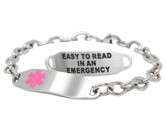 Custom Medical Bracelets for Women With Free Engraving 316L Stainless Steel, Pink ID, O-LINK Chain | Hand Made in USA - i2C-BS2