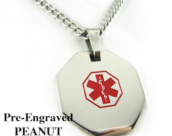 Pre-Engraved PEANUT ALLERGY Medical Alert Necklace, Stainless Steel, P1