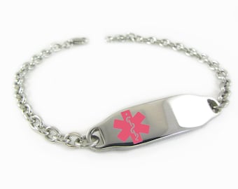 Personalized Medical ID Bracelet with Free Engraving 316L Surgical Steel, Mini O-link, Pink Alert Symbol | Hand Made in USA - i2C-BS8