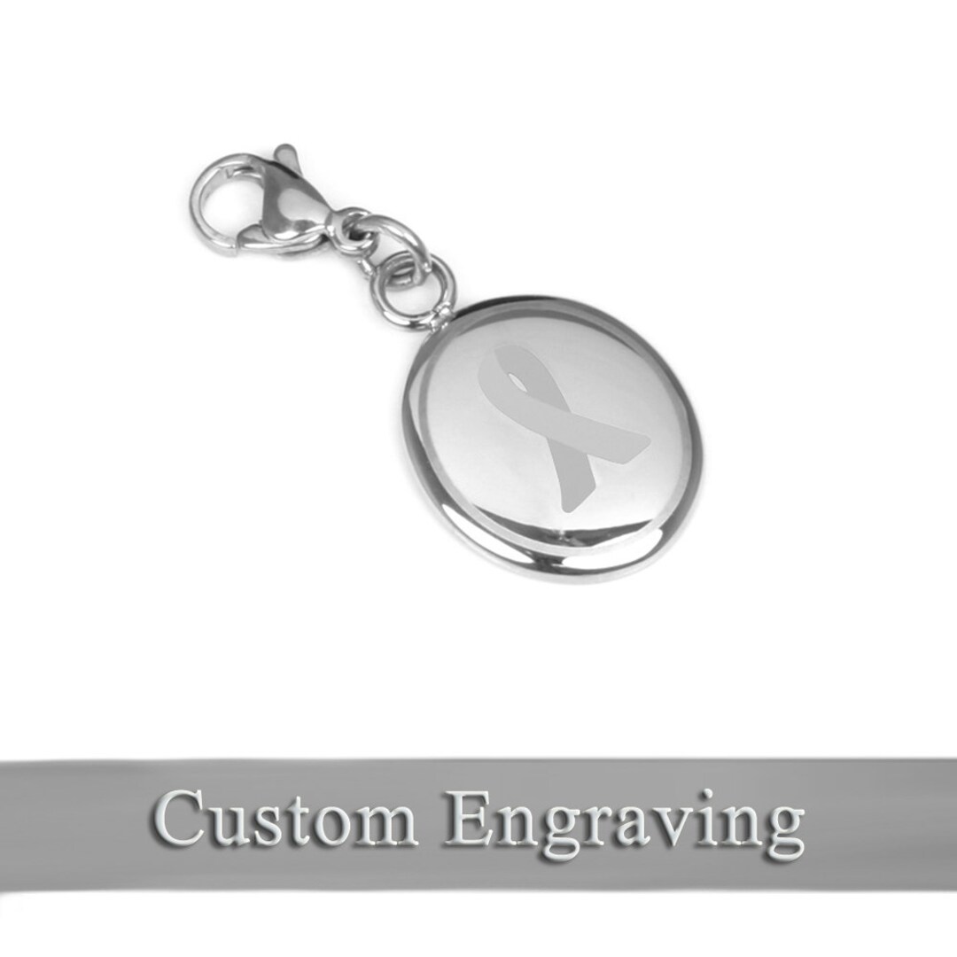 Small Gray Awareness Ribbon Keychain/charm, Custom Engraved - R1GY