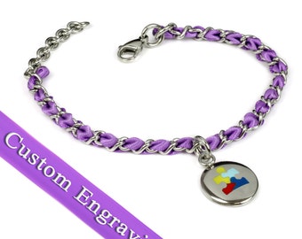 Autism Awareness Bracelet, Engraved, Purple Silk and Steel Chain - R3-TJPL
