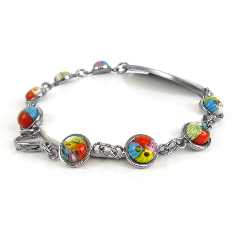 Black i1C-YR3 Round Millefiori Glass Custom Engraved Medical Bracelet