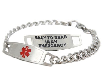 Personalized Medical ID Bracelet With Free Engraving 316L Stainless Steel, Curb Chain, Red, | Hand Made in USA - i4R-BS1