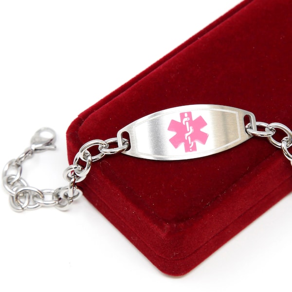 Personalized Medical Alert Bracelet for Women With Free Engraving 316L Stainless Steel, O-LINK Chain, Pink | Custom Sized - i1C-BS2
