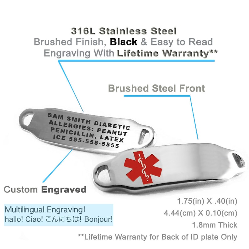 Red Black /& Silver Hearts Chain Custom Engraved FREE Medical ID Bracelet i2C-B11