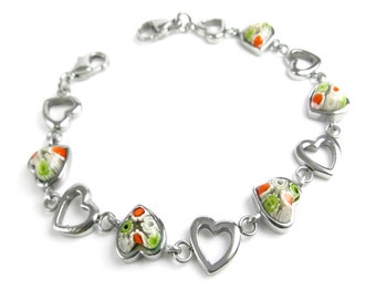 Steel & Millefiori Glass Green/White Hearts, Interchangeable Strand, YR6-S