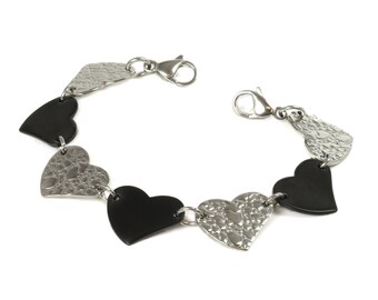 Stainless Steel Silver & Black Solid Hearts, Interchangeable Bracelet Strand, Ai8-S