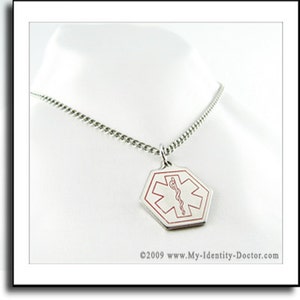 Medical Alert ID Necklace Pendant, Non-Allergenic Steel, Custom ENGRAVED FREE - P4