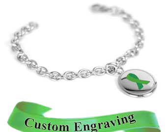 Green Awareness Ribbon Bracelet, Engraved, XS Steel Mini O-Link Chain - R1G-BS8
