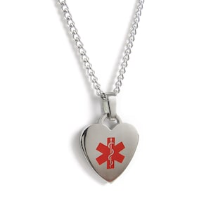 Heart Medical ID Necklace, Steel, Red Symbol - P5C-N