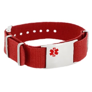 Personalized Medical ID Bracelet With Free Engraving 316L Stainless Steel, Red Canvas Band, Red alert Symbol | Made in USA - iSS-55F