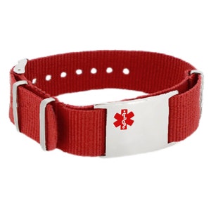 Personalized Medical ID Bracelet With Free Engraving 316L Stainless Steel, Red Canvas Band, Red alert Symbol | Made in USA - iSS-55F