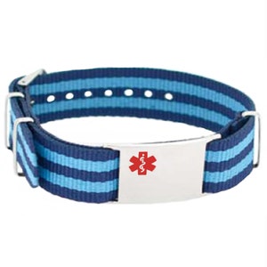 Custom Medical Bracelets with Free Engraving 316L Stainless Steel, Blue Striped Canvas Band, Red Symbol | Personalized - iSS-55T