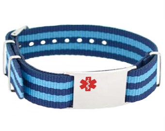 Custom Medical Bracelets with Free Engraving 316L Stainless Steel, Blue Striped Canvas Band, Red Symbol | Personalized - iSS-55T