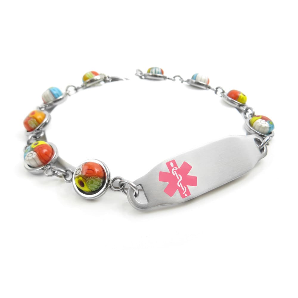 Pink Red Millefiori Glass My Identity Doctor Pre-Engraved & Customized Compazine Allergy Alert Bracelet Pink Red Millefiori Glass My Identity Doctor Pre-Engraved & Customized Compazine Allergy Alert Bracelet
