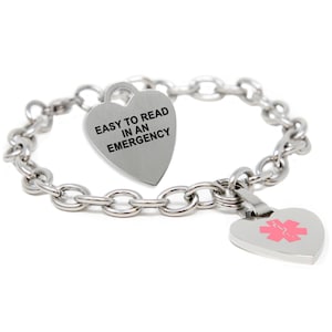Personalized Medical ID Bracelet for Women, Pink With Free Engraving 316L Stainless Steel, O-Link Chain Hearts | USA - P5C-BS2
