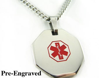 Pre-Engraved DEMENTIA Medical Alert Necklace, Stainless Steel, P1