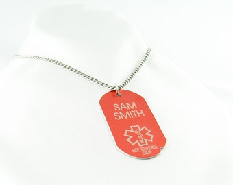 Medical Alert ID Dog Tag, Custom ENGRAVED FREE, Red Aluminum - PDA1C