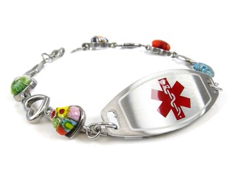 Personalized Medical ID Bracelet for Women With Free Engraving 316L Stainless Steel, Millefiori Glass Heart, Red | Made in USA - i1C-YR7