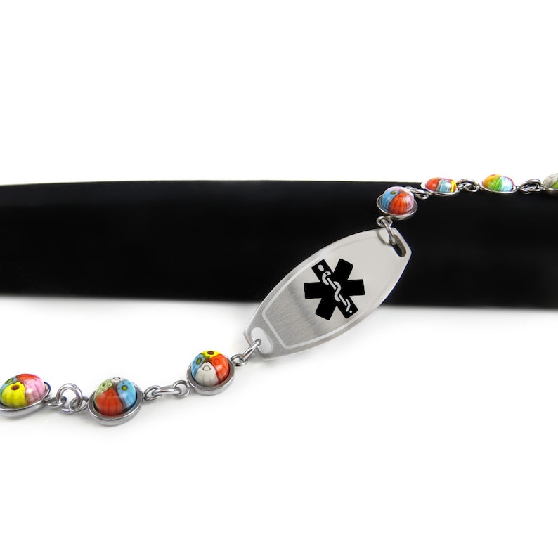 Black i1C-YR3 Round Millefiori Glass Custom Engraved Medical Bracelet