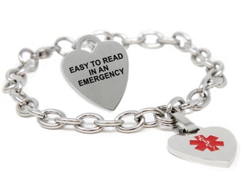 Custom Engraved Medical Bracelet, 316L Stainless Steel O-Link Chain, Heart ID