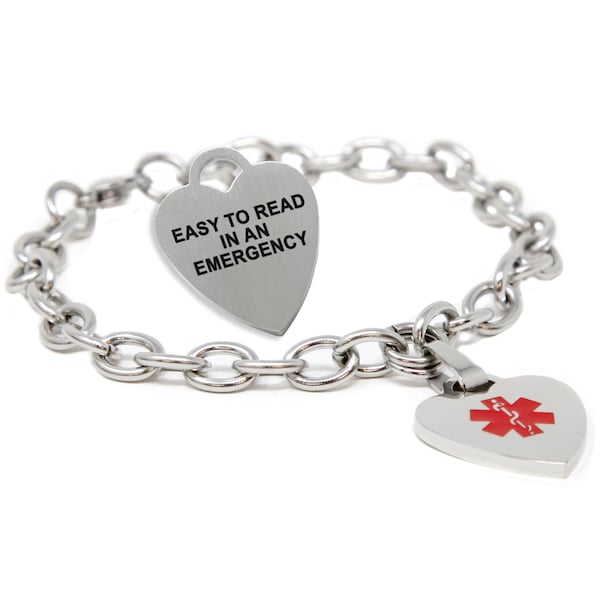 Custom Medical bracelets for women with Free Engraving 316L Stainless Steel, O-Link Chain Hearts, Red ID| Hand Made in USA - P5C-BS2