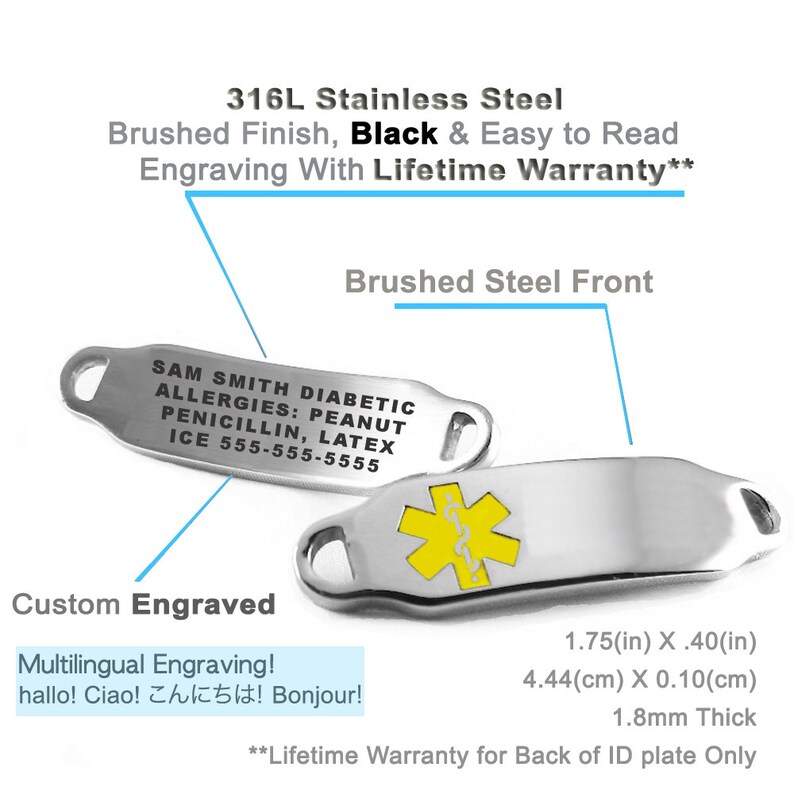 i2C-BS6 Free Engraving Yellow HEART CHAIN Custom Medical Bracelet