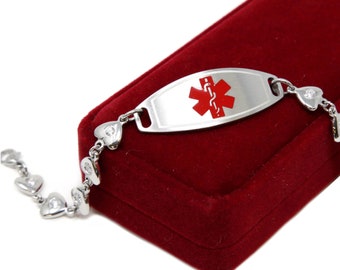 Personalized Medical Alert Bracelet for Women With Free Engraving 316L Stainless Steel, CZ stone, Red ID | Custom Made - i1C-BS6CZ