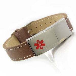 Custom Medical ID Bracelet Men & Women with Free Engraving 316L Stainless Steel, Brown Leather | Hand Made in USA - iW2-WS1BR