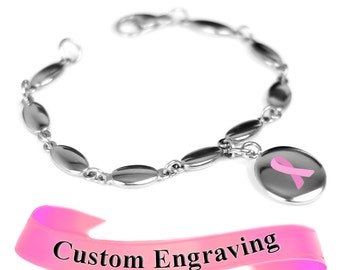 Pink Ribbon Awareness Bracelet, Breast Cancer Awareness, Engraved, Stainless Steel Drops - R1P-Ai5