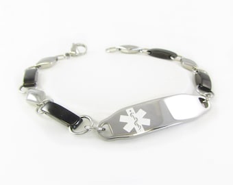 Custom Medical Alert Bracelet for Women With Free Engraving 316L Stainless Steel, Black and Silver, White Symbol | Made in USA - i2C-BS7