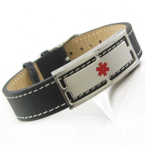 Personalized Black Leather Medical ID Bracelet for Men & Women With Free Engraving 316L Stainless Steel | Medic ID card Included - iW1-WS1B