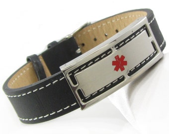 Personalized Black Leather Medical ID Bracelet | Free Engraving