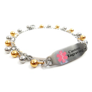 Custom Medical ID Bracelet Women with Free Engraving 316L Stainless Steel, Gold/Silver Drops, Pink Symbol | Hand Made in USA -  i2C-DY6