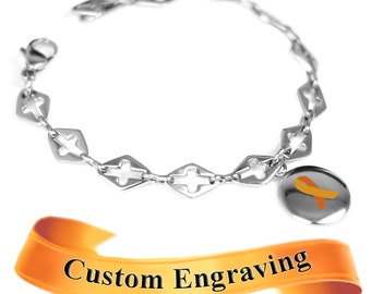 Orange Ribbon Awareness Bracelet, Engraved, Steel Cross Cut-Out Links - R1O-Ai7