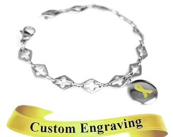 Yellow Awareness Charm Bracelet, Engraved, Steel Cross Cut-Out Links - R1Y-Ai7
