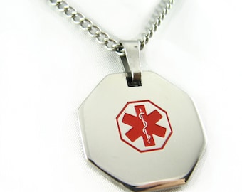 Medical Alert ID Necklace, Stainless Steel, Custom Engraved - P1