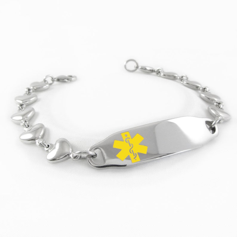 i2C-BS6 Free Engraving Yellow HEART CHAIN Custom Medical Bracelet