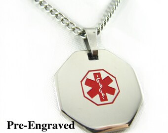 Pre-Engraved ALZHEIMERS Medical Alert Necklace, Stainless Steel, P1