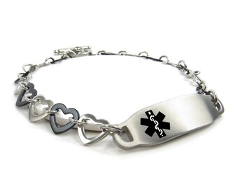 Personalized Medical Bracelet for Women Black, Engraved Free 316L Stainless Steel, Black & Silver Hearts Chain |Personalized - i2C-B11