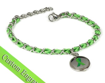 Green Ribbon Awareness Bracelet, Engraved, Silk and Steel Chain - R1G-TJG