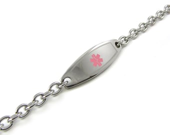 Personalized Medical Alert Bracelet, Pink ID, 316L Stainless Steel