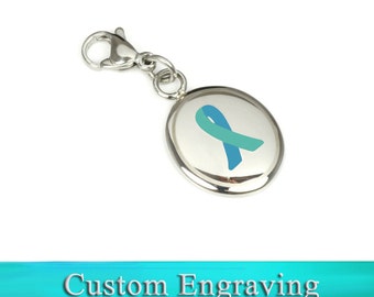 Small Teal Awareness Charm Keychain, Custom Engraved - R1T-KY