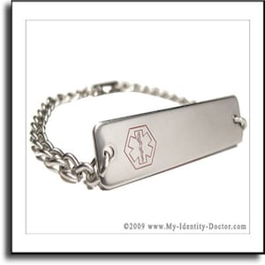 Custom Flat Medical Alert Bracelet with Free Engraving 316L Stainless Steel, Scissor Clasp | Medic ID card Included - i6-BS4